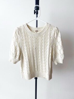 Free People Ivory Cable Knit Short Sleeve Sweater